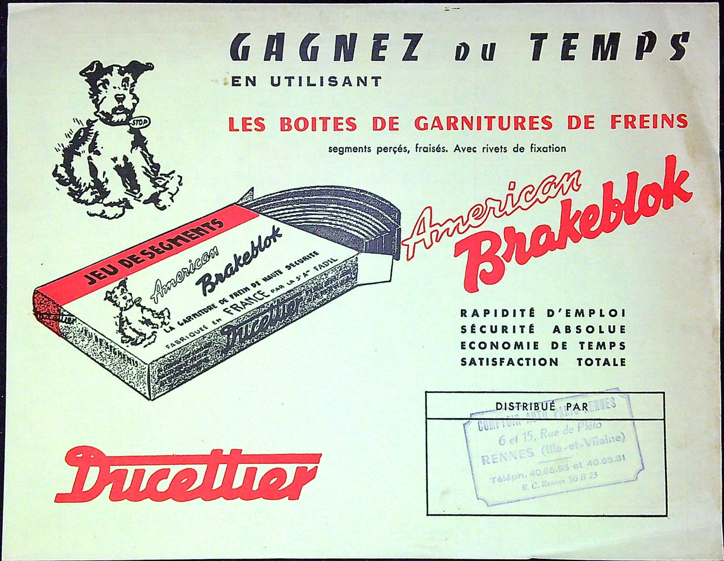 Document Ancienne Publicité Garage American Brakeblock Ducettier