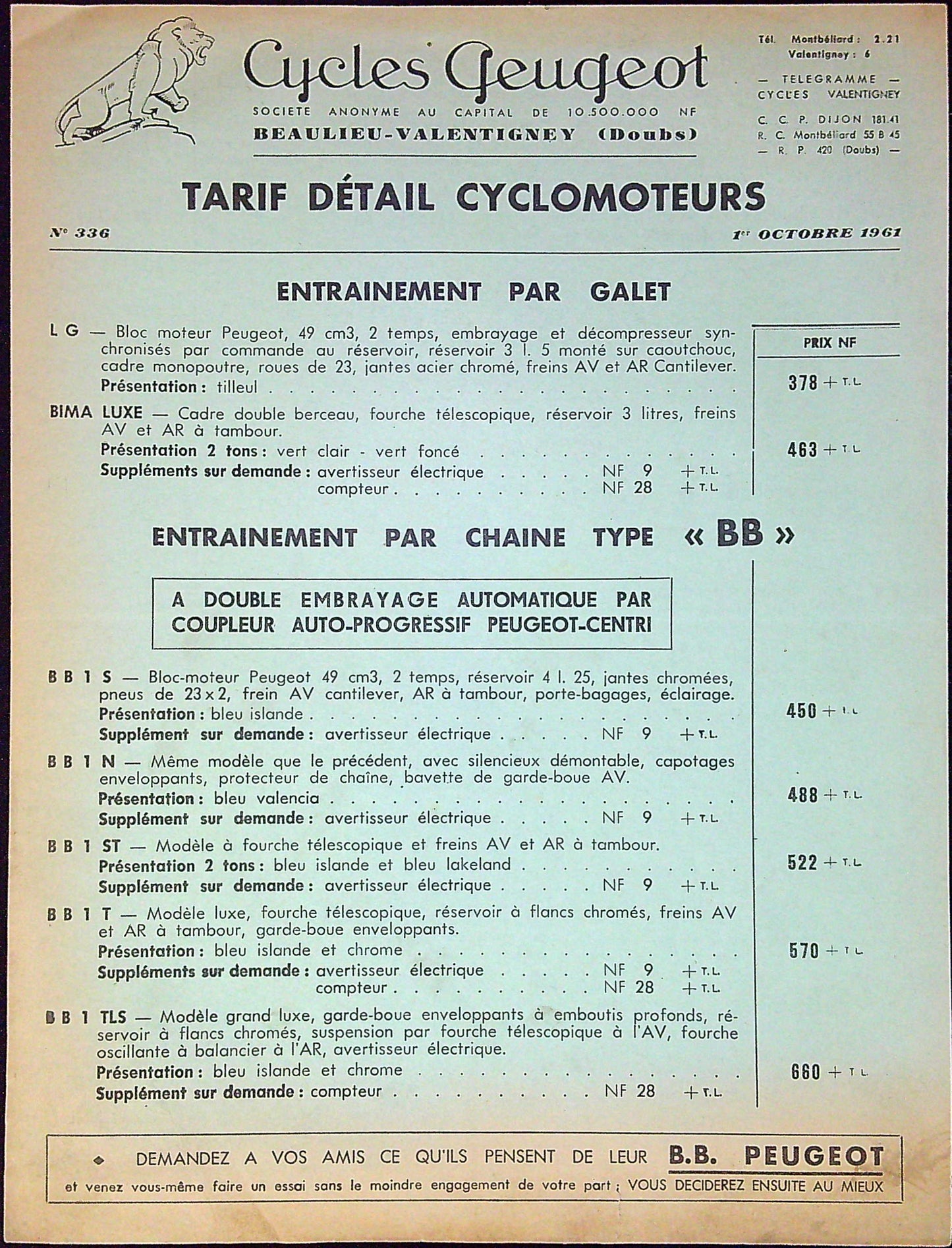 Document Ancienne Publicité Garage Peugeot Tarif Cyclomoteurs