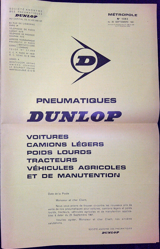 Document Ancienne Publicité Garage Dunlop 1961