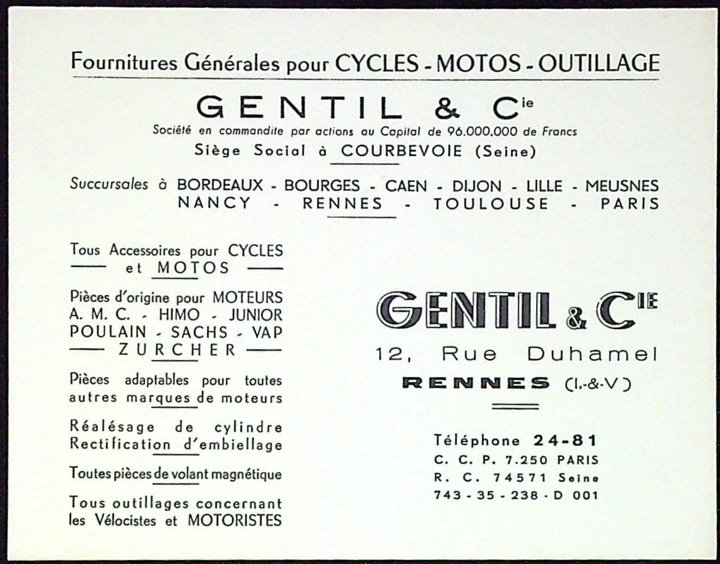 Document Ancienne Publicité Garage Rennes 35 Bretagne