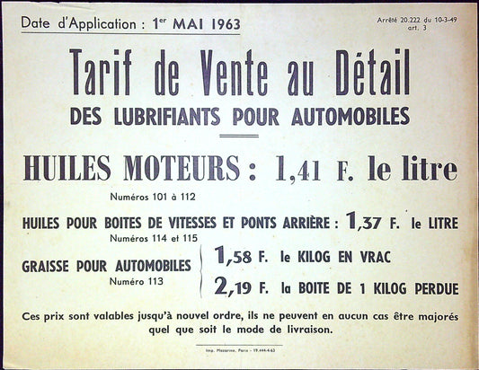 Document Publicité Affiche Ancien Tarif De Vente Au Détail Des Lubrifiants Pour Automobiles 1er Mai 1963