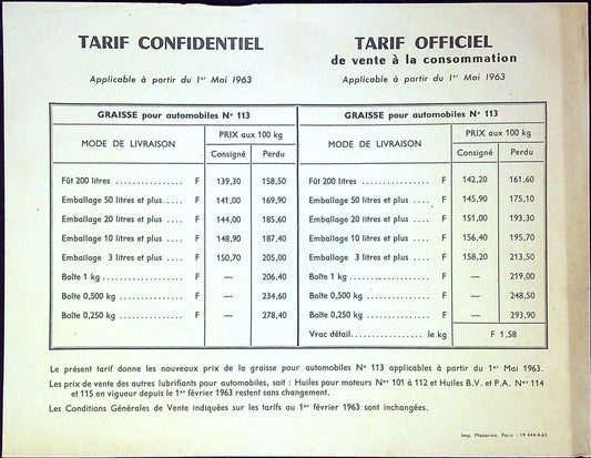 Document Publicité Affiche Ancien Tarif Confidentiel Graisse Pour Automobiles N°113 1er Mai 1963