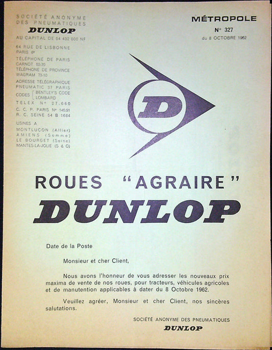 Document Ancien Publicité Livret Roues "Agraire" Dunlop Pneumatiques N°327 8 Octobre 1962