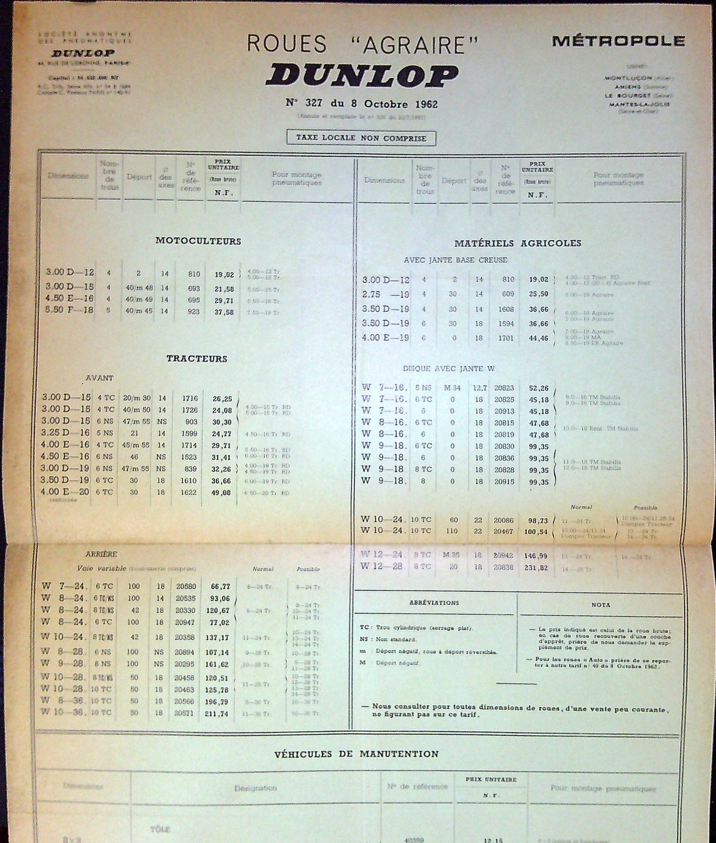 Document Ancien Publicité Livret Roues "Agraire" Dunlop Pneumatiques N°327 8 Octobre 1962