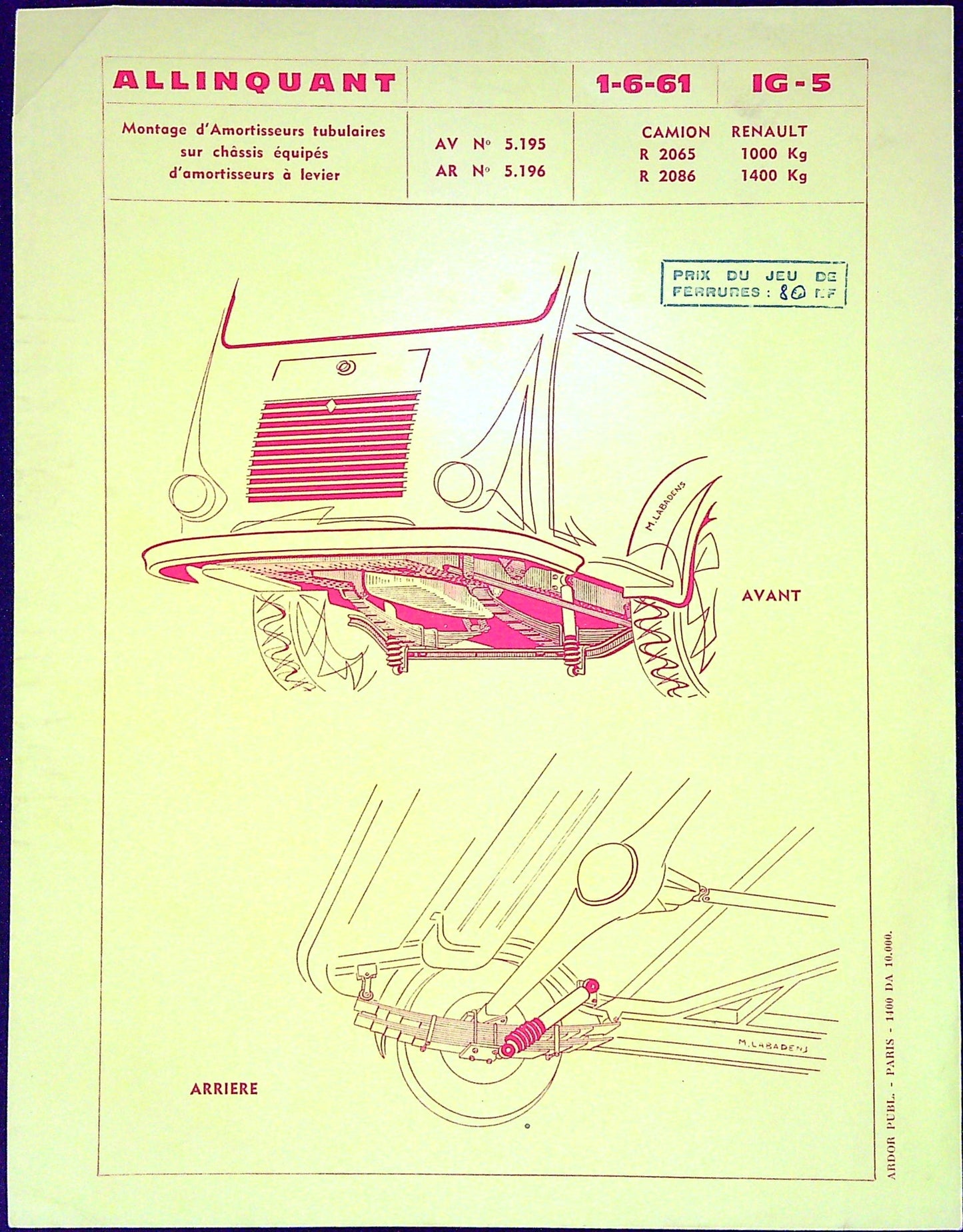 Document Ancien Publicité Affiche Allinquant Camion Renault Montage D'Amortisseurs Tubulaires