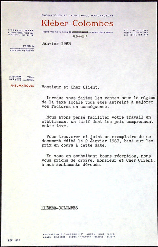 Document Publicité Affiche Pneu Kleber - Colombes 1963 Lettre