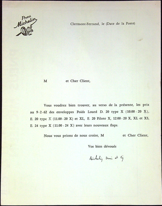 Document Publicité Affiche Pneu Lettre Michelin 1962