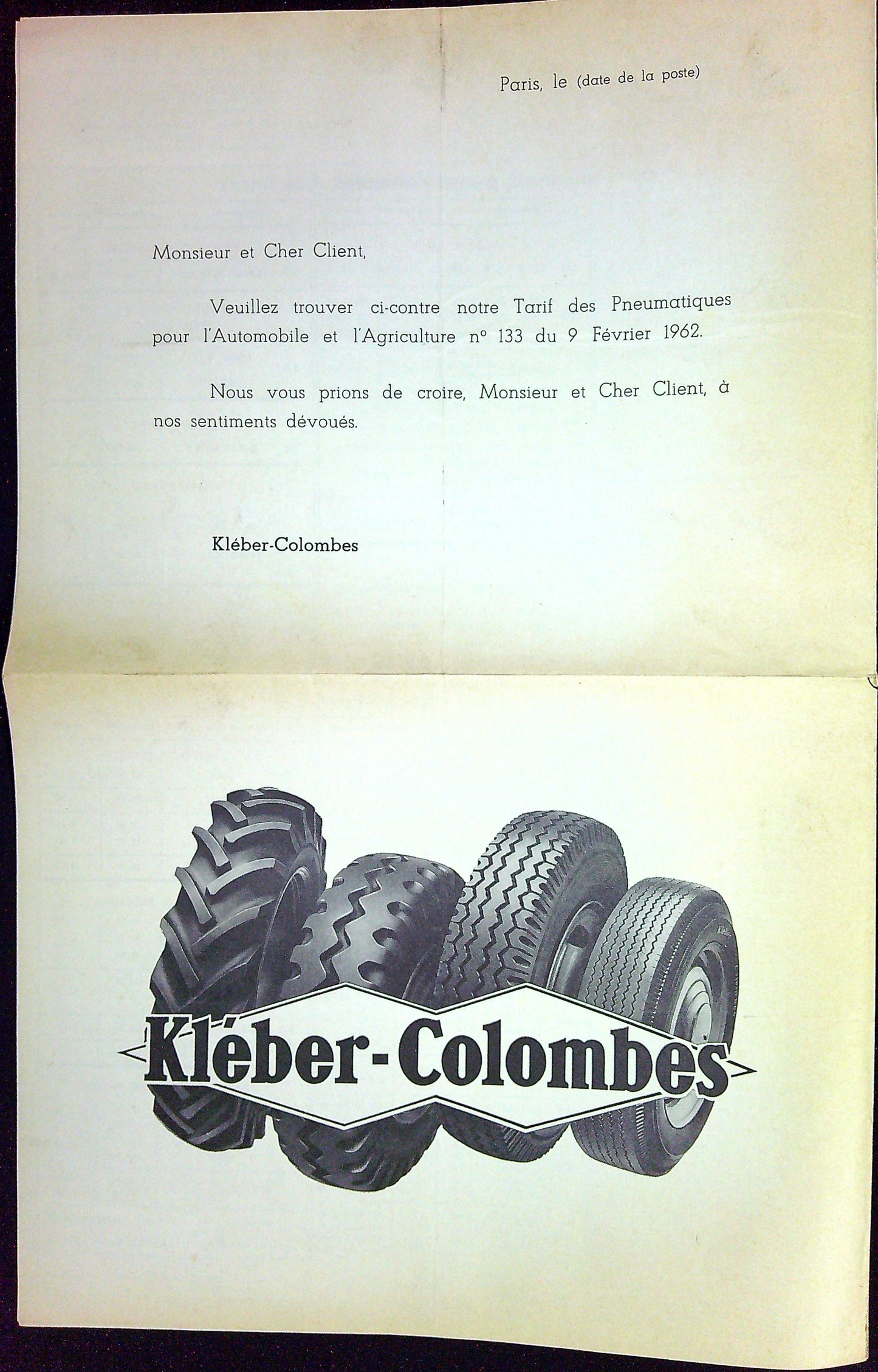 Document Publicité Affiche Pneu Kleber Colombes