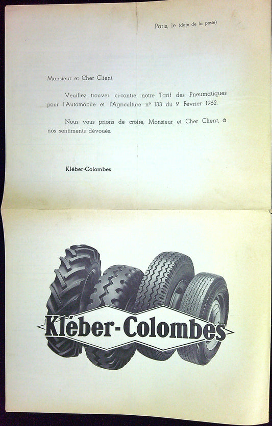 Document Publicité Affiche Pneu Kleber Colombes