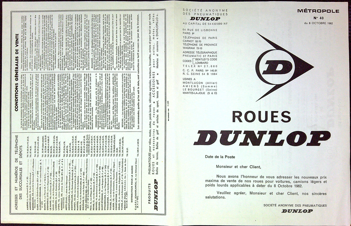 Document Publicité Affiche Pneu Dunlop 1962