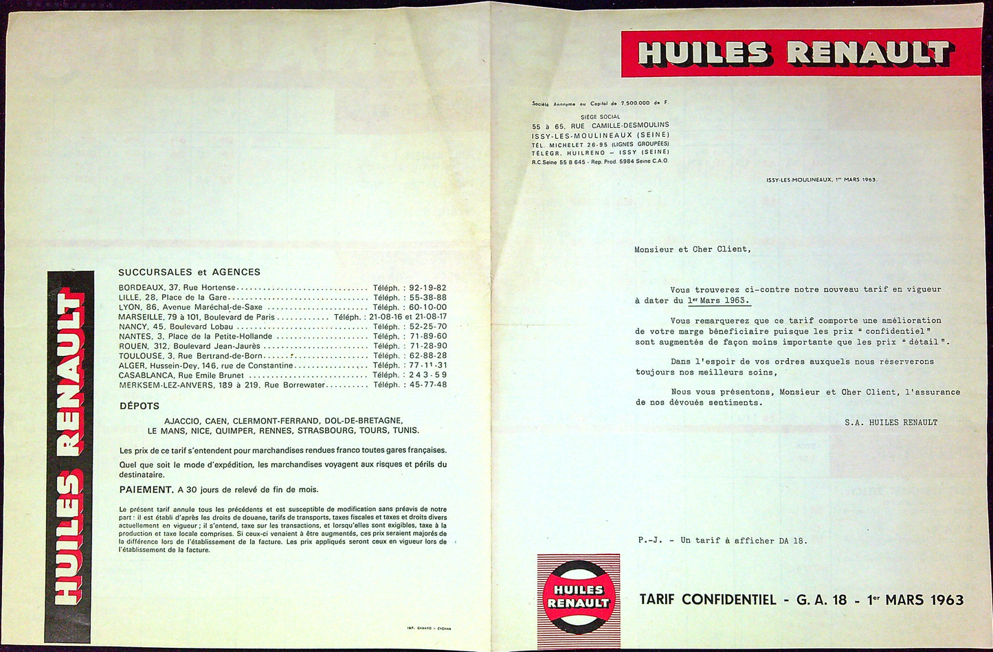 Document Publicité Affiche Huile Renault 1963