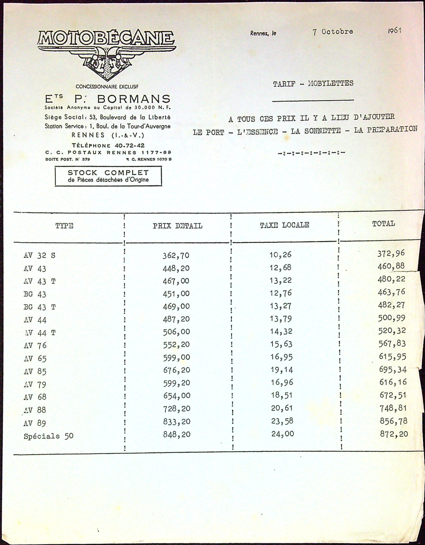 Document Publicité Affiche Motobécane 1961