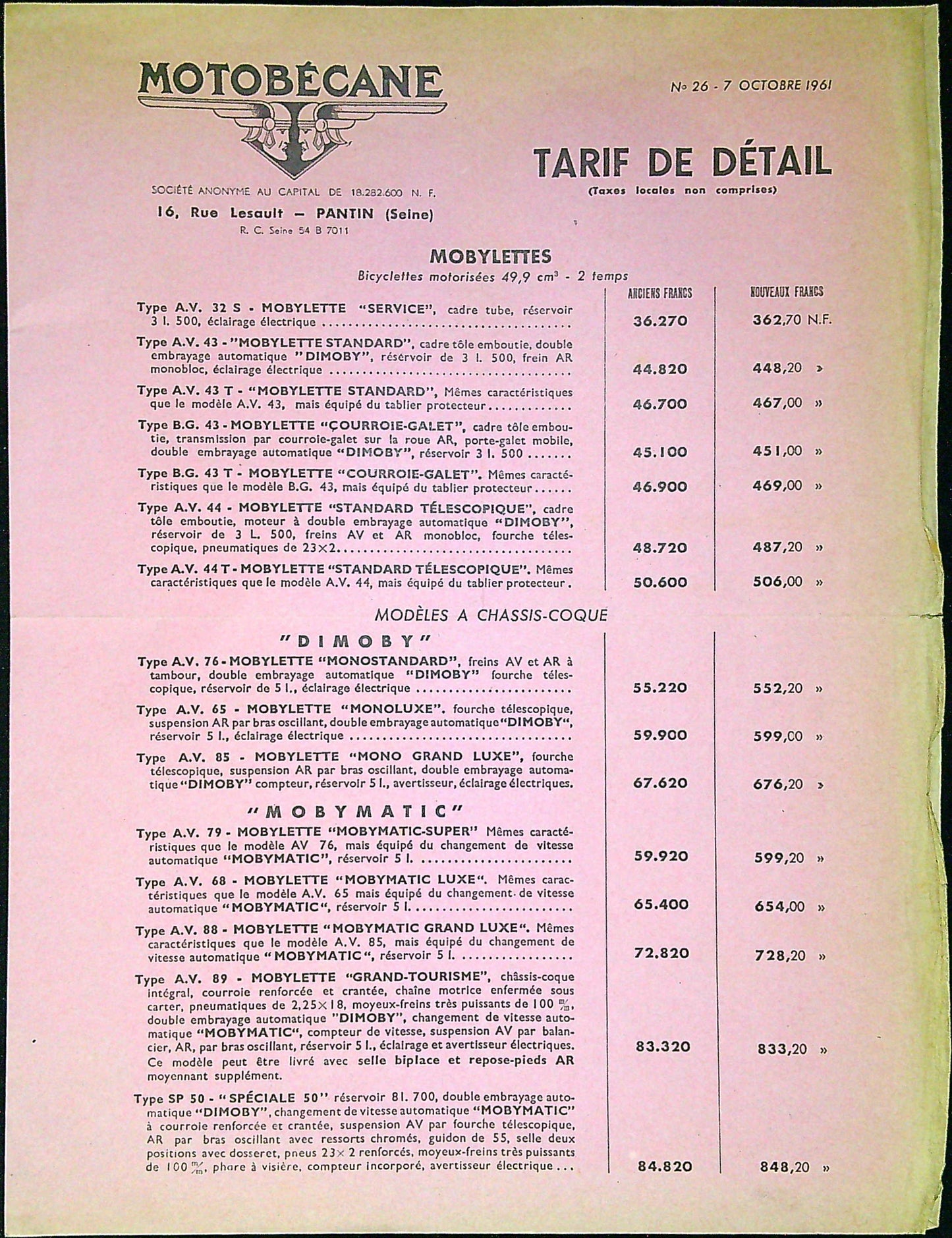 Document Publicité Affiche Motobécane 1961