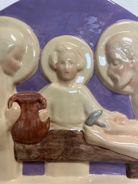 Statue Céramique Signé Jeanne Ferrez Chez Desvres Gabriel Fourmaintraux Scène Religieuse