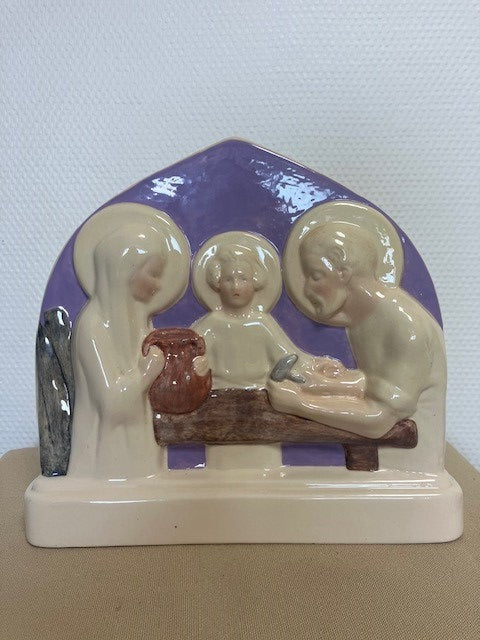 Statue Céramique Signé Jeanne Ferrez Chez Desvres Gabriel Fourmaintraux Scène Religieuse