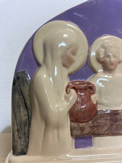 Statue Céramique Signé Jeanne Ferrez Chez Desvres Gabriel Fourmaintraux Scène Religieuse