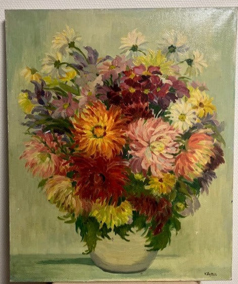 Tableau Huile Sur Toile Signé V. Batteuz Vase De Fleuris