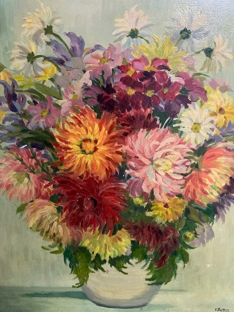 Tableau Huile Sur Toile Signé V. Batteuz Vase De Fleuris