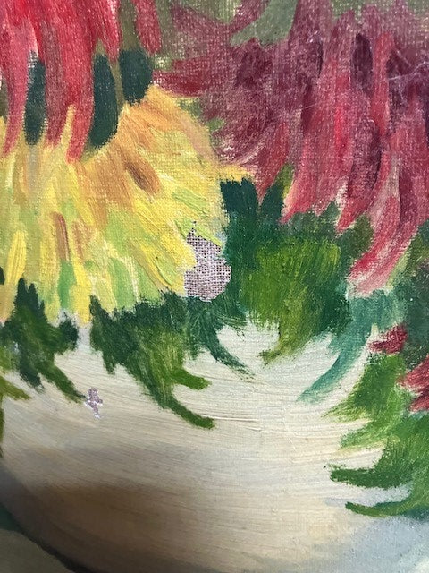 Tableau Huile Sur Toile Signé V. Batteuz Vase De Fleuris