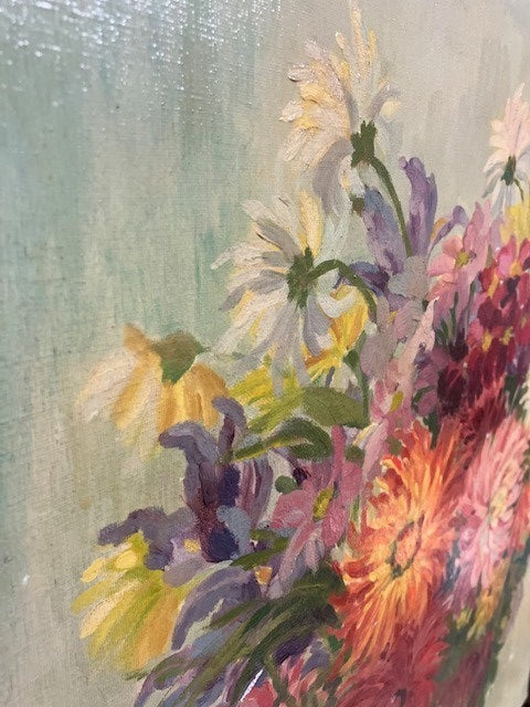 Tableau Huile Sur Toile Signé V. Batteuz Vase De Fleuris