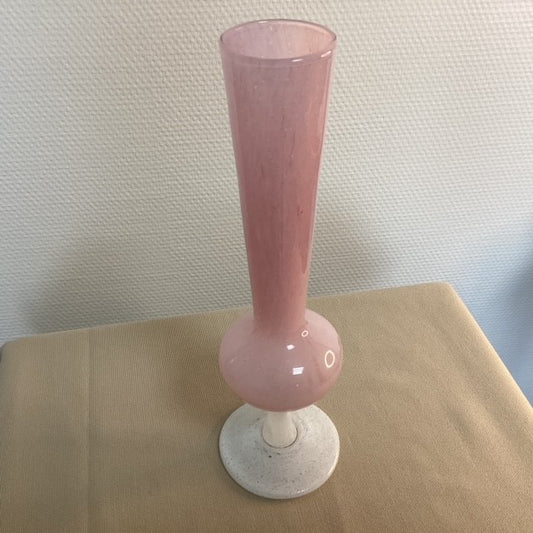 Vase Style Soliflore Solifleur Rose Pied Blanc Verre Bullé