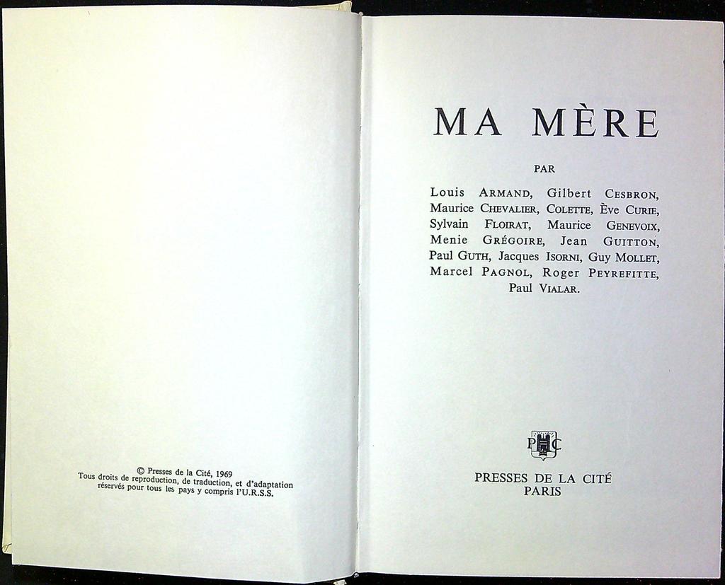 Livre – Presses de la Cité – Littérature – Ma Mère 1969