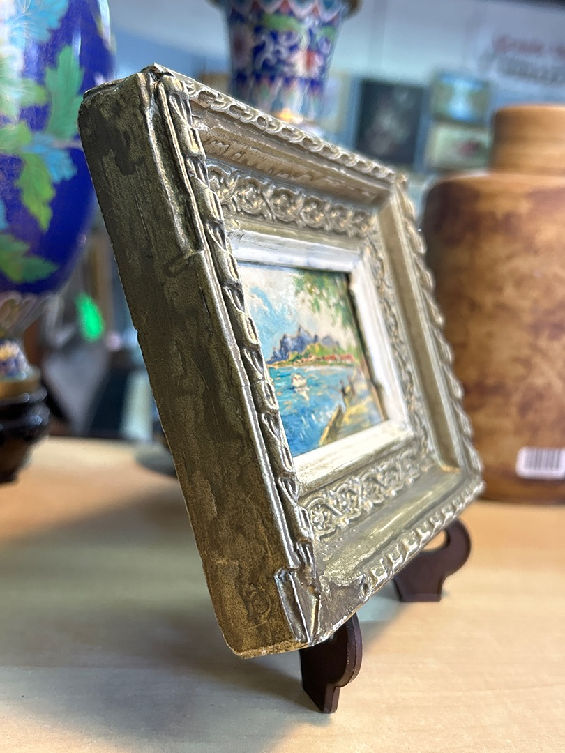 Peinture miniature paysage marin Am – Cadre doré vintage
