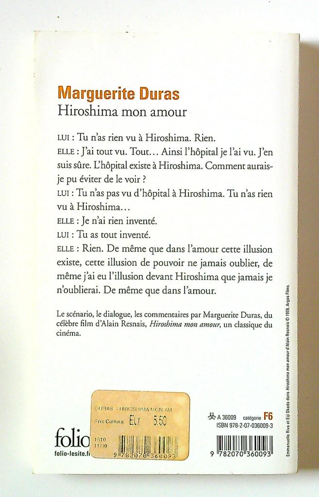 Livre Hiroshima mon amour Marguerite Duras Folio
