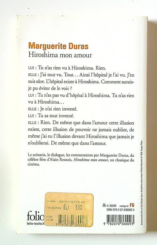 Livre Hiroshima mon amour Marguerite Duras Folio