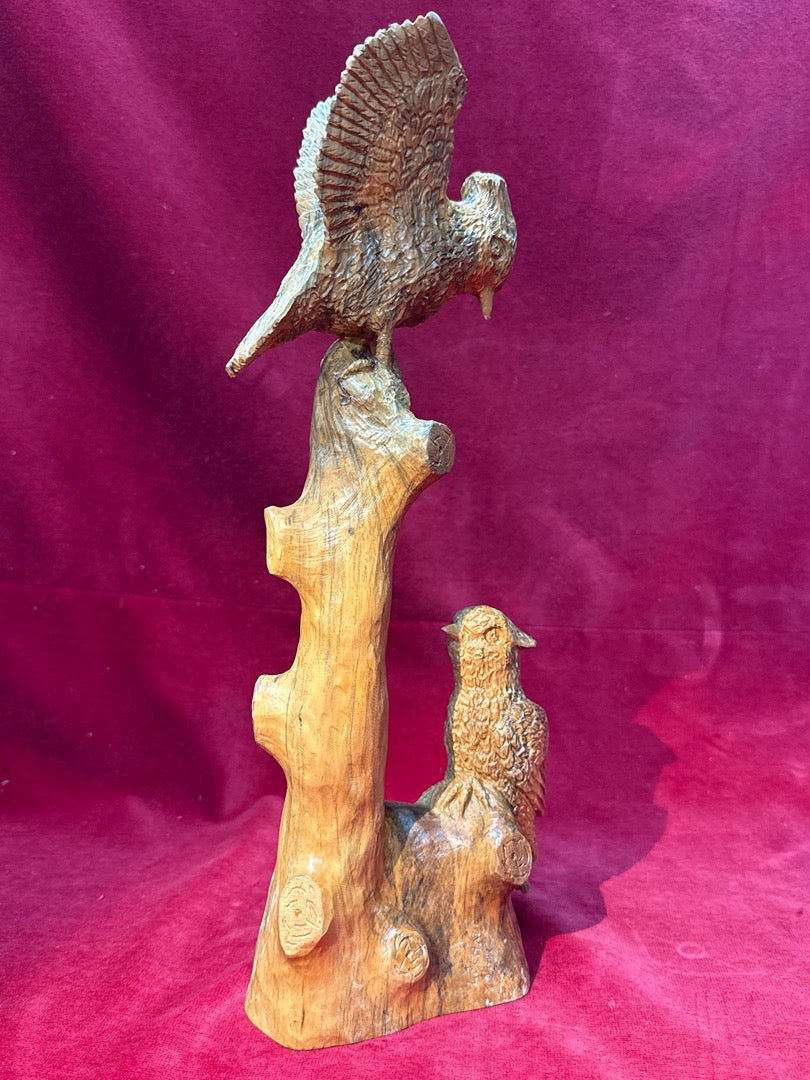 Sculpture oiseaux sur tronc en bois signé Lechat