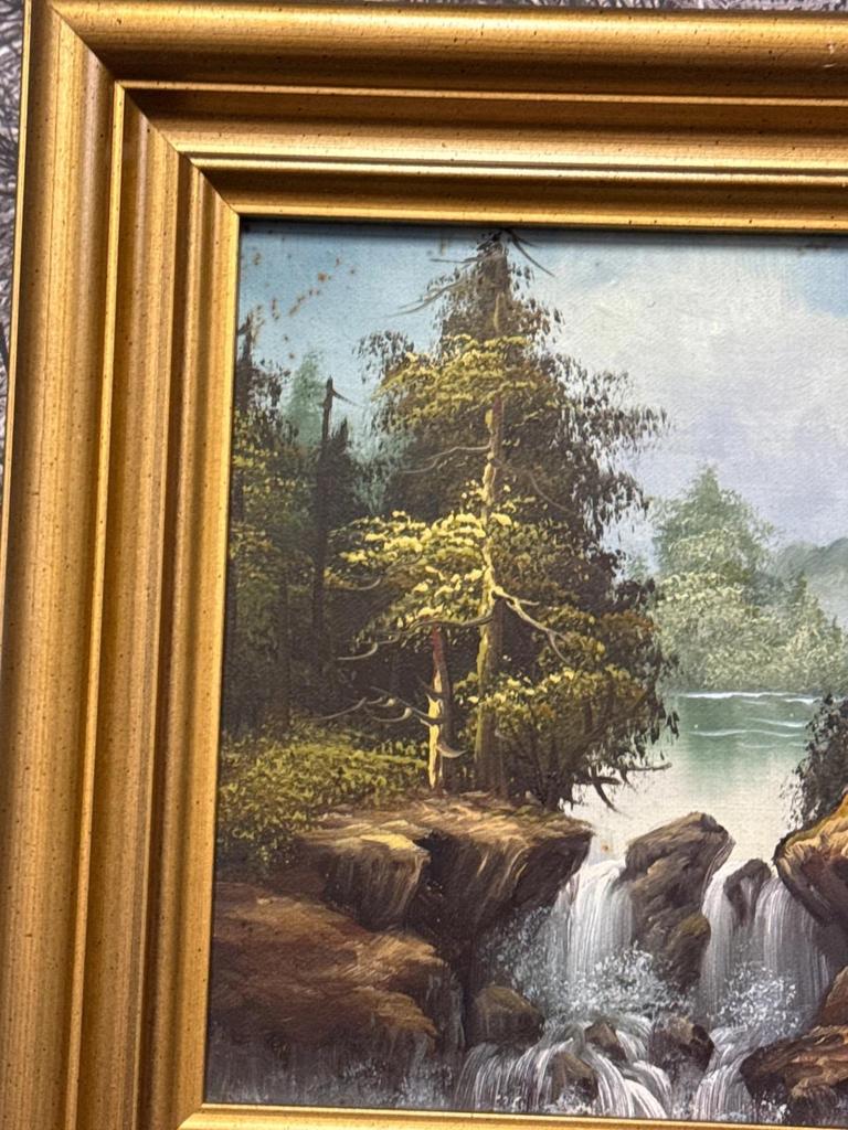 Tableau huile sur toile paysage montagne forêt cascade fleuve rivière