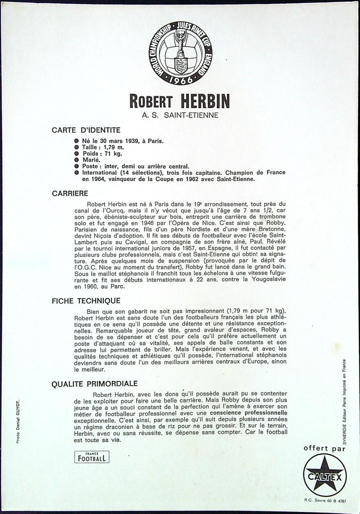 Carte de collection – Robert Herbin Caltex – Memorabilia – As Saint-etienne