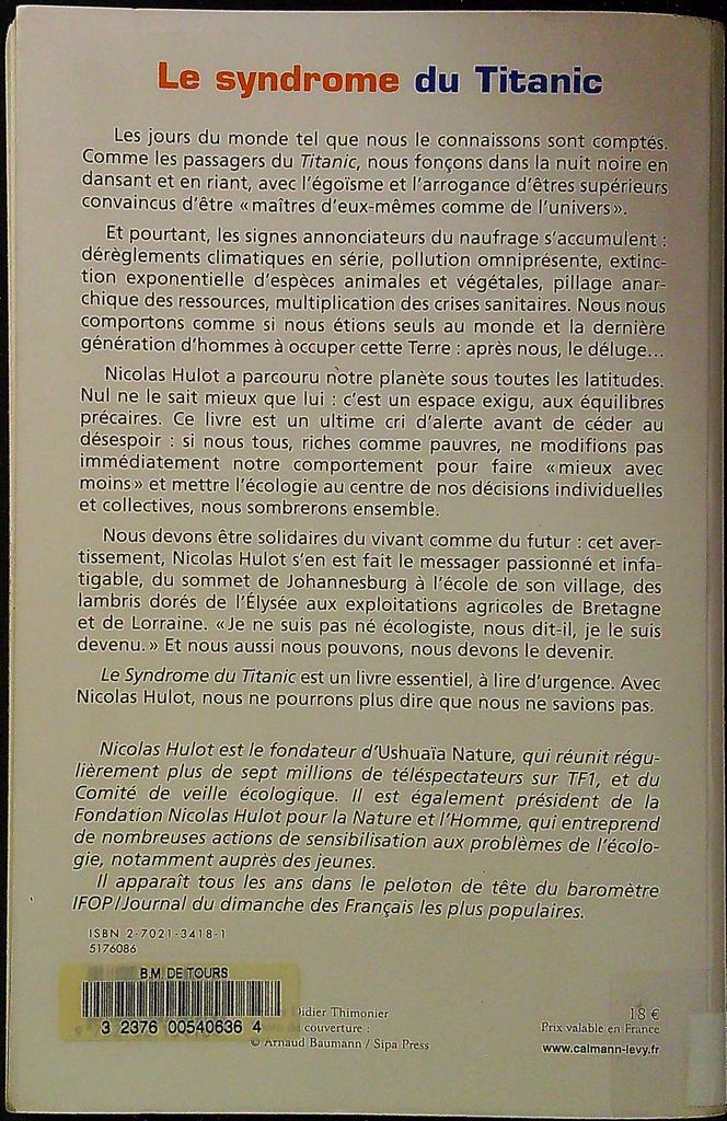 Livre – Nicolas Hulot – Essai écologie – Le syndrome du Titanic
