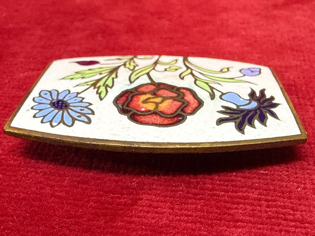 Broche ancienne email cloisonne motif floral fleurs