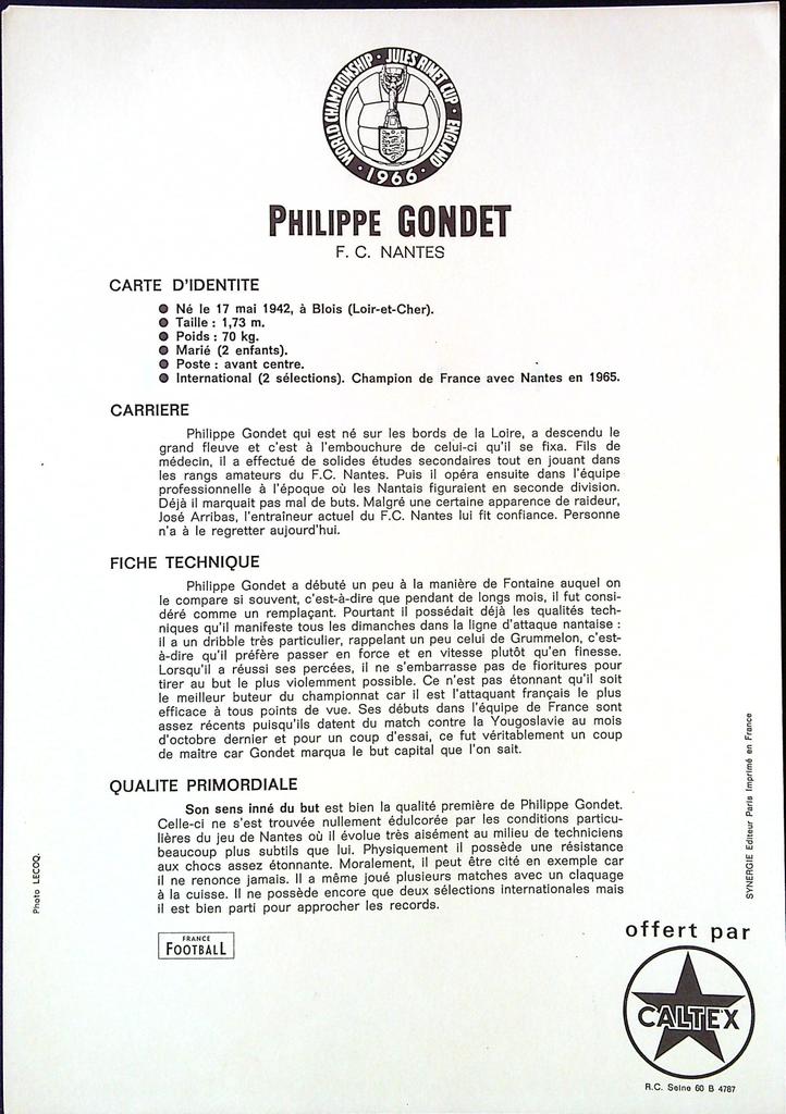 Carte vintage – Caltex Philippe Gondet – Memorabilia – Foot