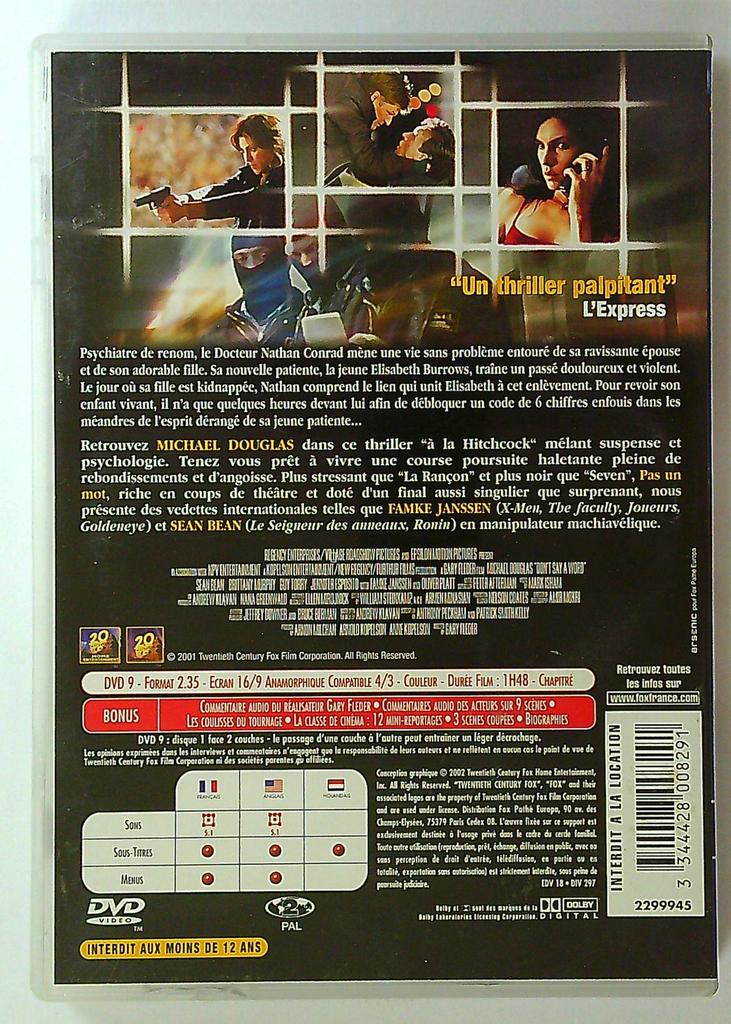 Dvd Pas un mot Michael Douglas Thriller