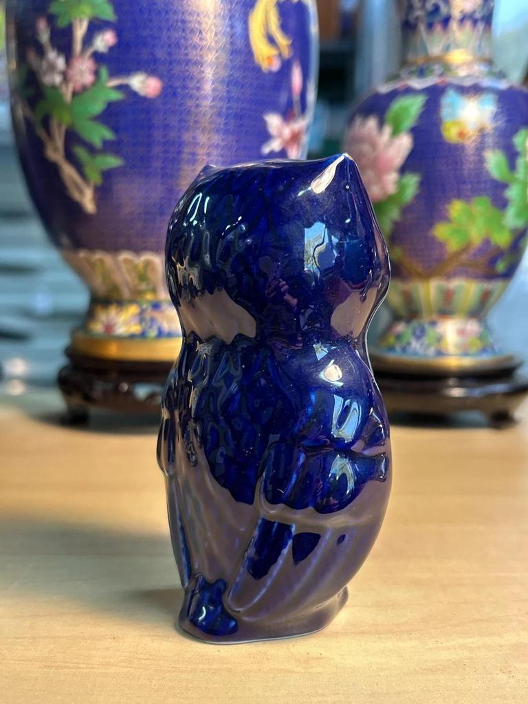 Statuette sculpté Chouette / Hibou en porcelaine bleue décor doré Nerja Costa Del Sol