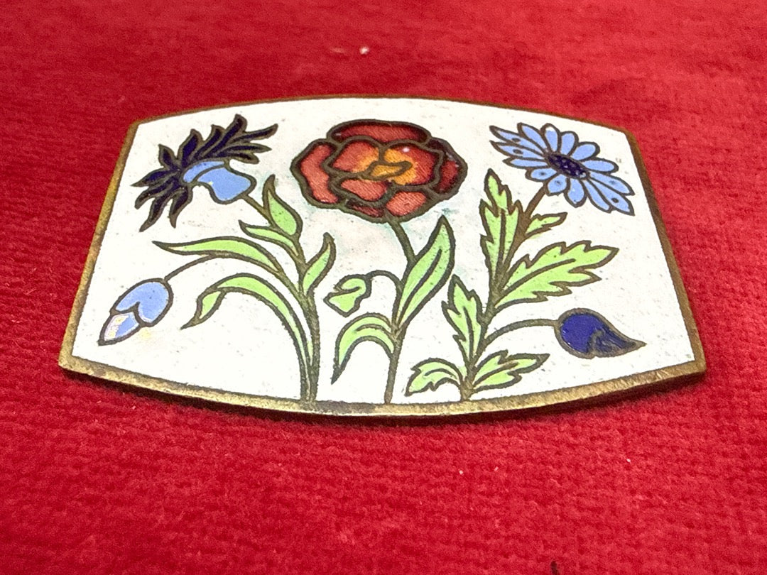 Broche ancienne email cloisonne motif floral fleurs