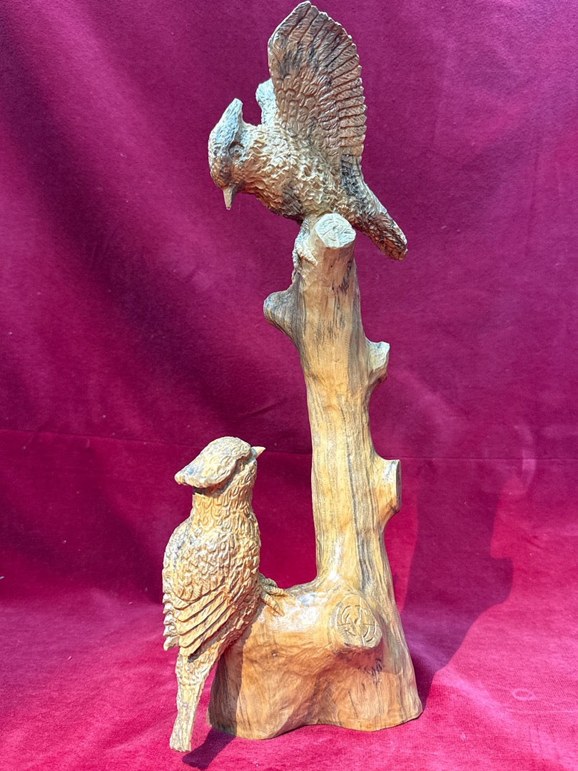 Sculpture oiseaux sur tronc en bois signé Lechat