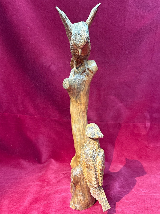 Sculpture oiseaux sur tronc en bois signé Lechat