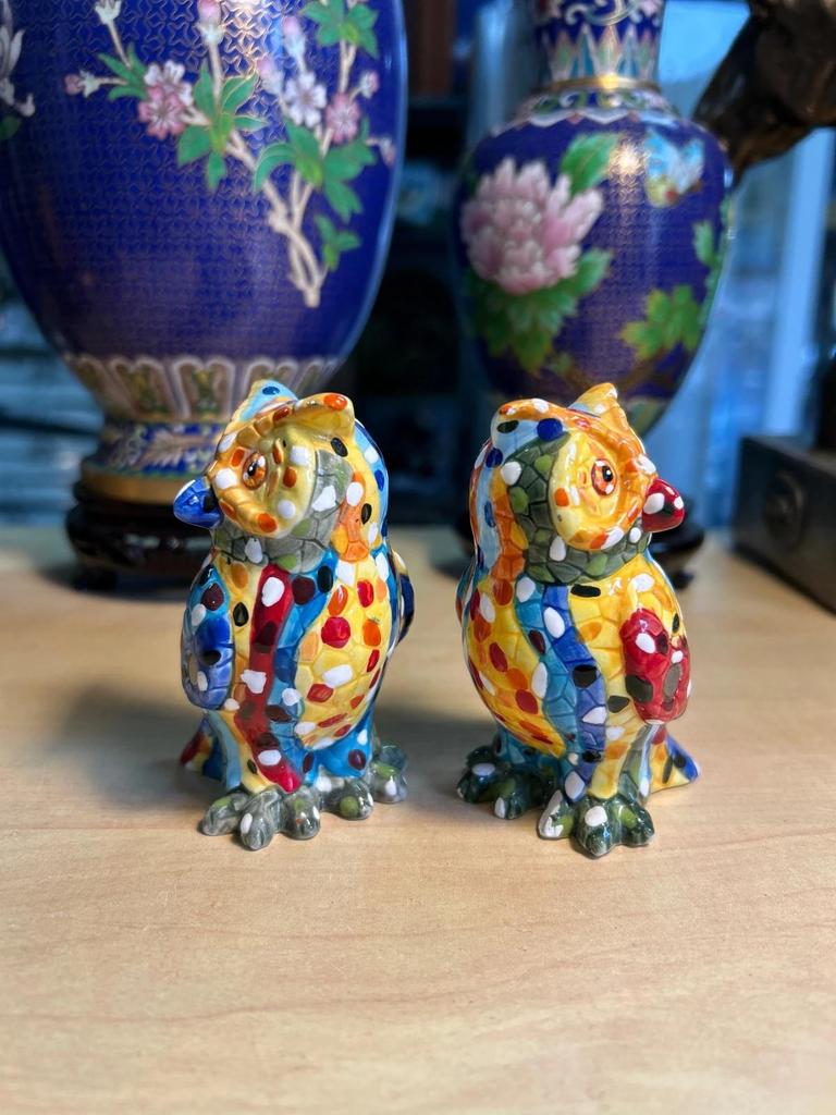 Statuettes sculpté couple Chouette / Hibou en céramique salière et poivrière