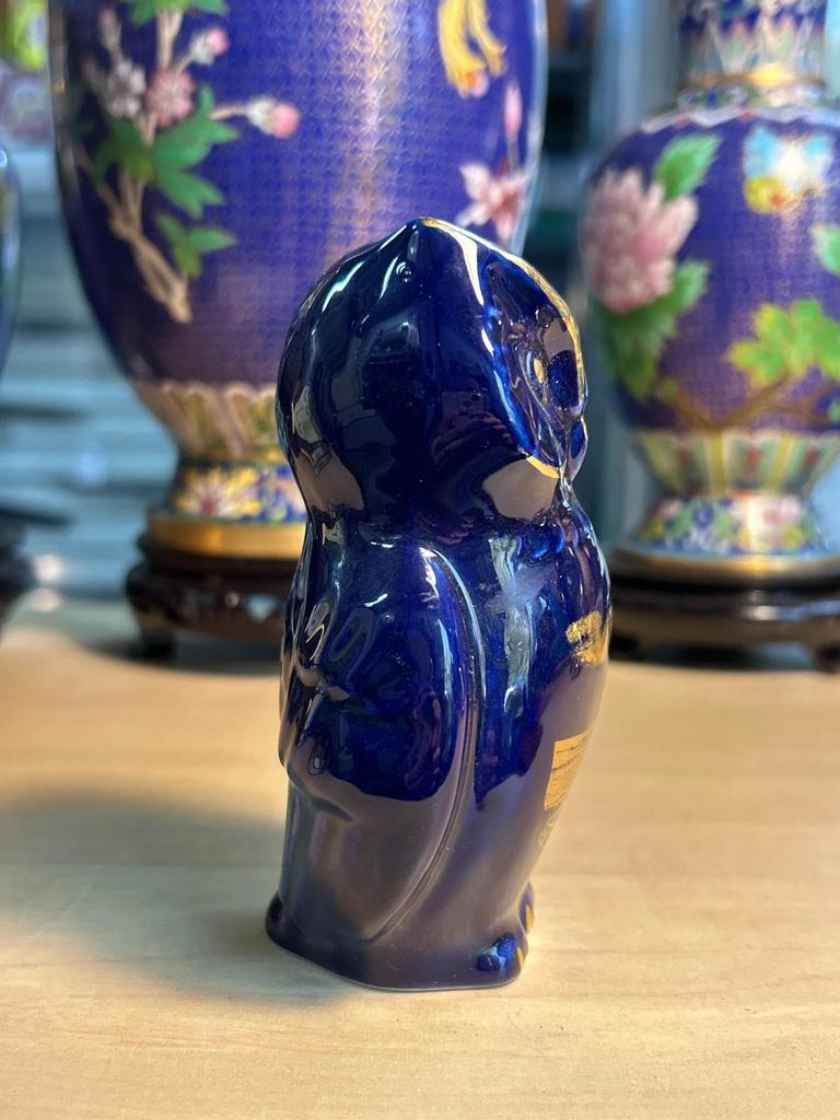 Statuette sculpté Chouette / Hibou en porcelaine bleue décor doré Nerja Costa Del Sol