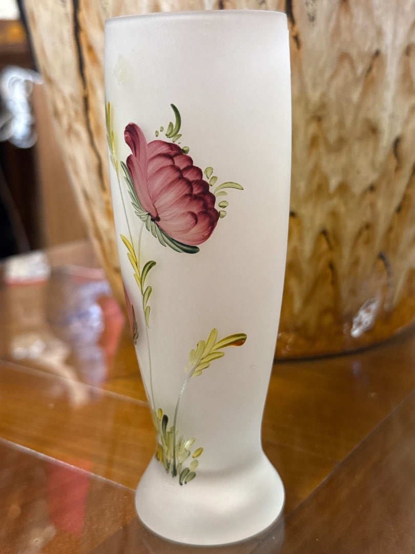 Vase soliflore verre dépoli – Vintage – Fleurs peintes