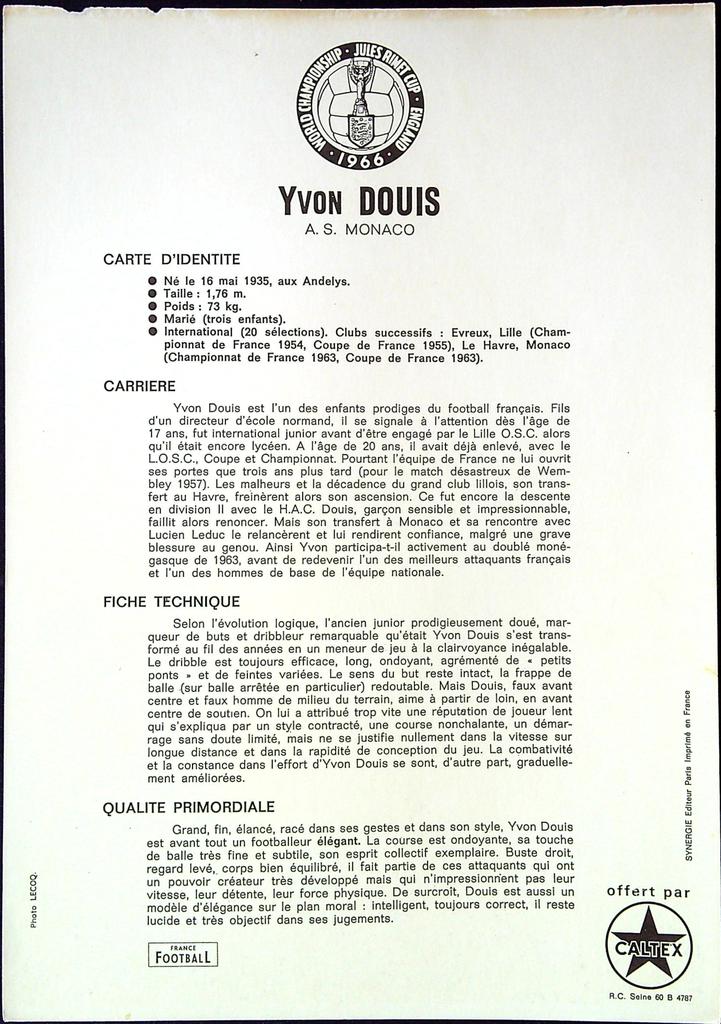 Fiche vintage – Caltex Yvon Douis – Collection – Football