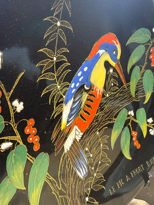 Assiette décorative – Longwy – Ornement – Oiseau polychrome fond noir
