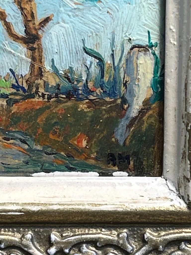 Ancien tableau représentant un paysage sur panneau signé Am