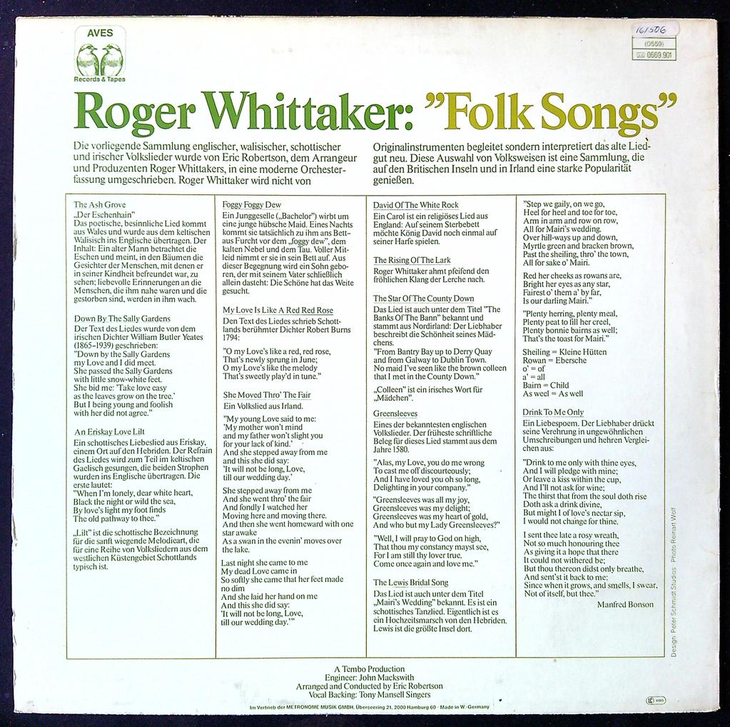 Vinyle Roger Whittaker Folk Songs