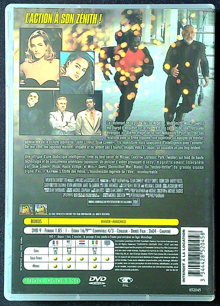 Dvd – Soleil Levant – Divertissement – Thriller avec Sean Connery