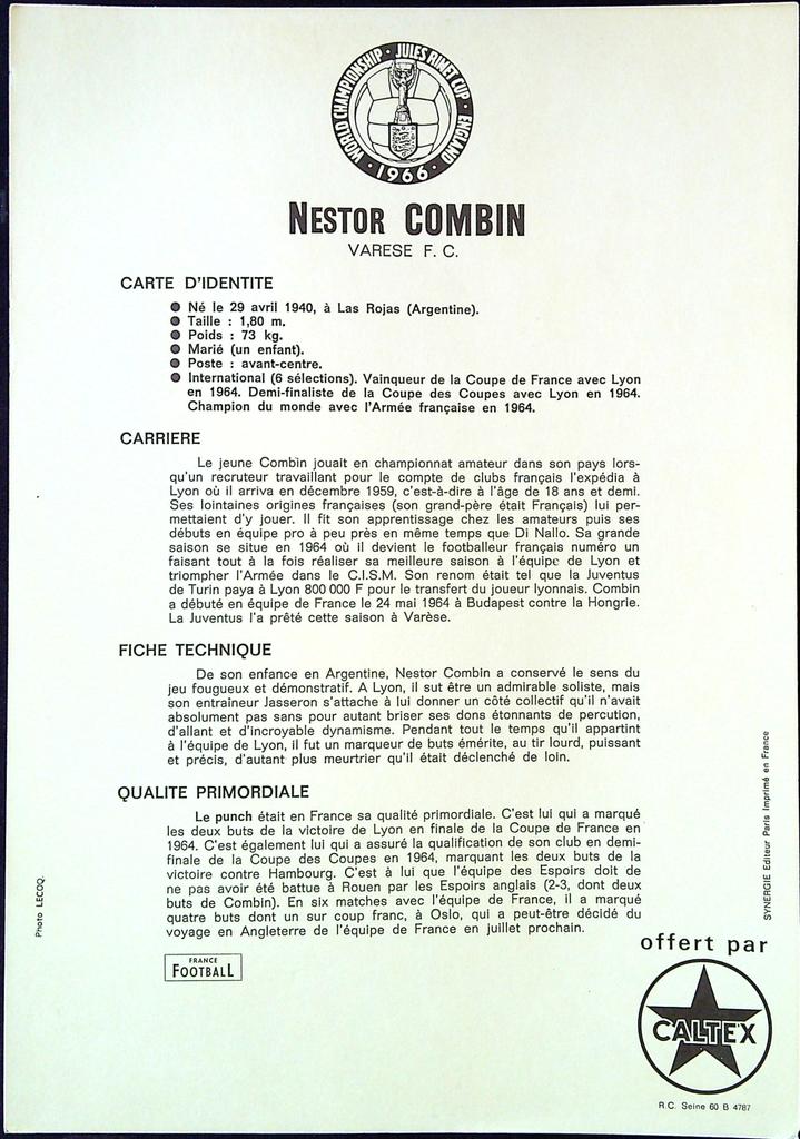 Carte Caltex Nestor Combin – Collection – Football vintage