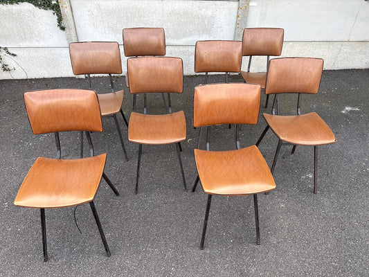 Lot de 8 chaises – Vintage – Mobilier – Skaï camel pieds métal